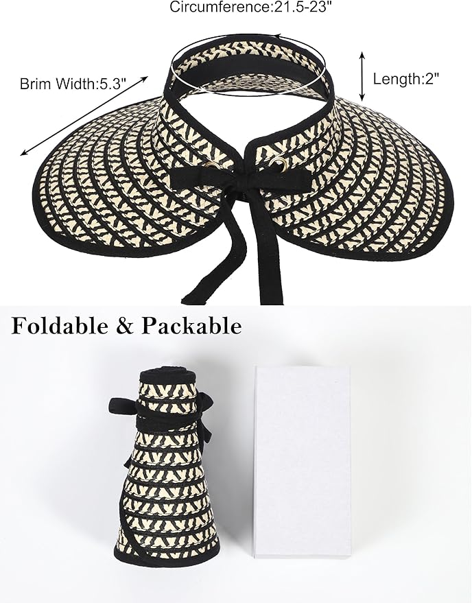Womens Beach Straw Sun Hats Ponytail Hole Wide Brim Summer Visor Foldable Hat Sun Protection Packable for Travel Pool