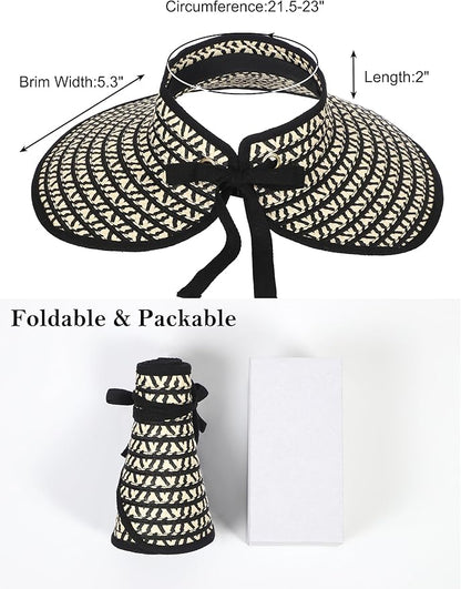 Womens Beach Straw Sun Hats Ponytail Hole Wide Brim Summer Visor Foldable Hat Sun Protection Packable for Travel Pool
