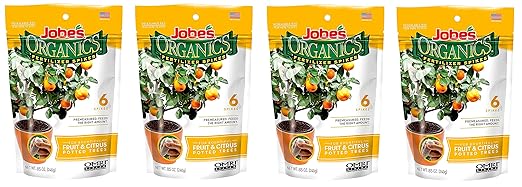 Jobe’s Organics Fruit & Citrus Tree Fertilizer Spikes, 3-5-5 Time Release Fertilizer for All Container or Indoor Fruit Trees, 6 Spikes per Package (4)