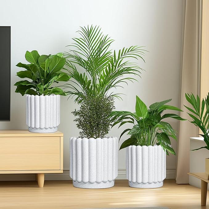 Ceramic Plant Pots - 9.6 Inch Ceramic Planters with Drainage Hole, Round Flower Pots for Indoor Plants, Modern Fluted Large Planter Outdoor, Home Room Decor, Gardening Gifts, White