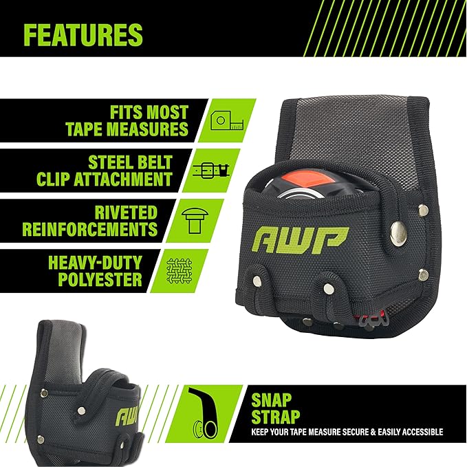 AWP Tape Measure Pouch with Metal Belt Clip and Tunnel Loop, Tool Belt Accessory