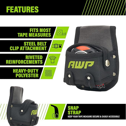 AWP Tape Measure Pouch with Metal Belt Clip and Tunnel Loop, Tool Belt Accessory