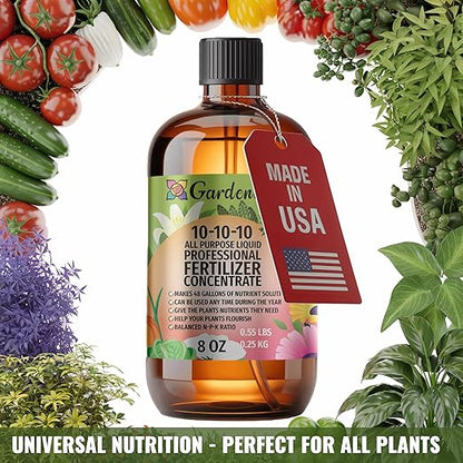 Gardenera Premium 10-10-10 All Purpose Liquid Plant Food - Professional Grade Garden Fertilizer Concentrate for Lawns, Trees, Plants, Vegetables, Fruits & Flowers - Makes 48 Gallons - (8 OZ)