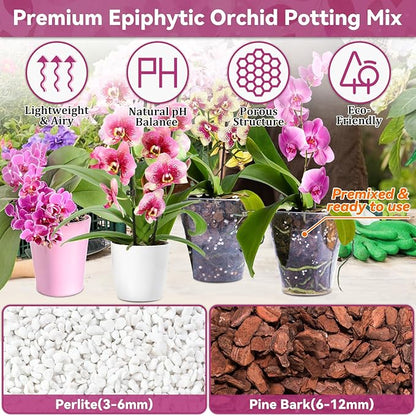 Riare 1QT Orchid Potting Mix, Natural Orchid Bark Potting Mix Soil Medium with Pine Bark and Perlite, Premium Orchid Repotting Kit for Phalaenopsis Dendrobiums, Enhanced Drainage & Root Expansion