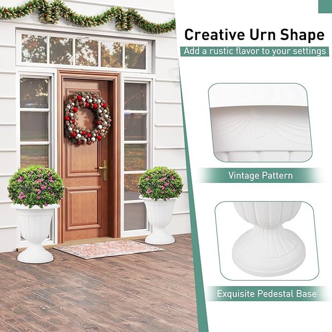 Giantex 18" Tall Vintage Planters Set of 2, Urn Plastic Flower Pots with/Pedestal Base & Pre-Marked Drain Hole, Indoor Outdoor Decorative Plant Containers for Front Porch Home Wedding, White
