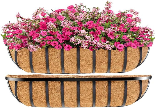 30 Inch Window Deck with Coco Liner, 30" Window Boxes Horse Trough with Coconut Coir Liner, Fence Metal Hanging Flower Planter Window Basket Deck Railing Planter Boxes for Outdoor Garden Lawn, 2pcs