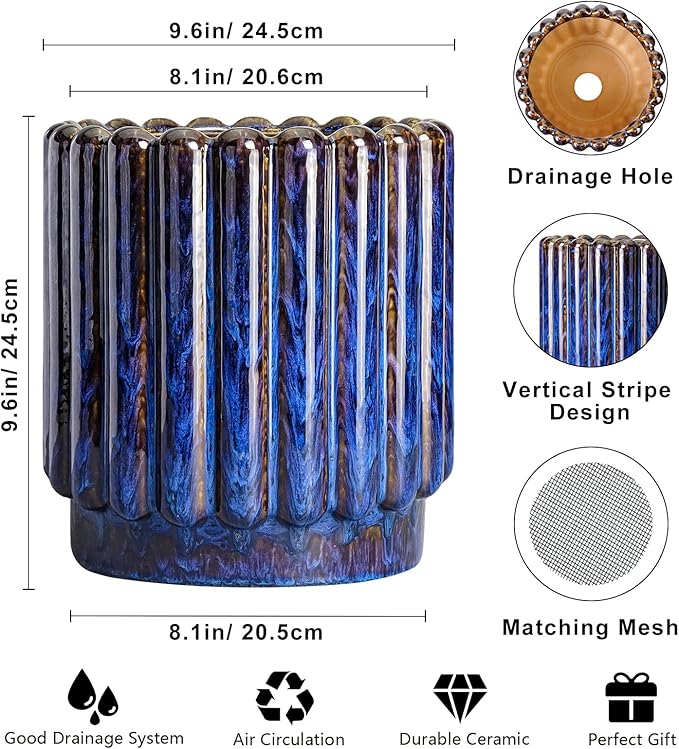 Ceramic Planter - 9.6 Inch Ceramic Plant Pots Indoor Outdoor, Round Flower Pots with Drainage Hole, Large Fluted Modern Planter, Room Home Bedroom Decor, Plant Lover Gifts, Blue