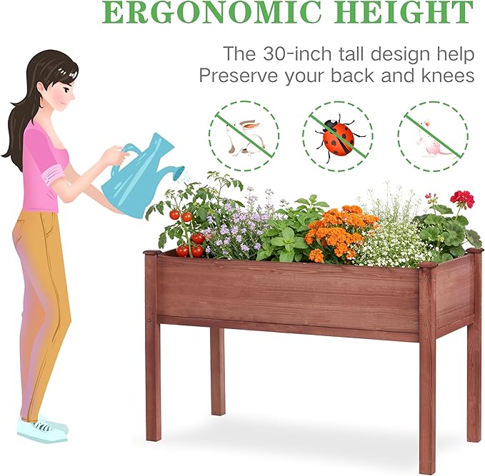 48×24×30 Inch Raised Garden Bed with Legs, Solid Wood Elevated Planter Box Stand with Liner for Outdoor, Backyard, Patio, Balcony