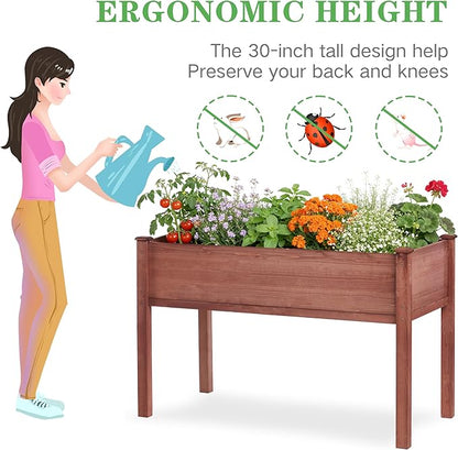 48×24×30 Inch Raised Garden Bed with Legs, Solid Wood Elevated Planter Box Stand with Liner for Outdoor, Backyard, Patio, Balcony