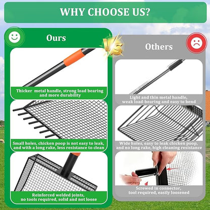 2-in-1 Chicken Poop Scooper & Rake, Heavy-Duty Chicken Coop Scoop with 33-61" Adjustable Handle and 14" Long Shovel Head, Metal Litter Scoop Sand Poop Shovel, Chicken Coop Cleaning Accessories