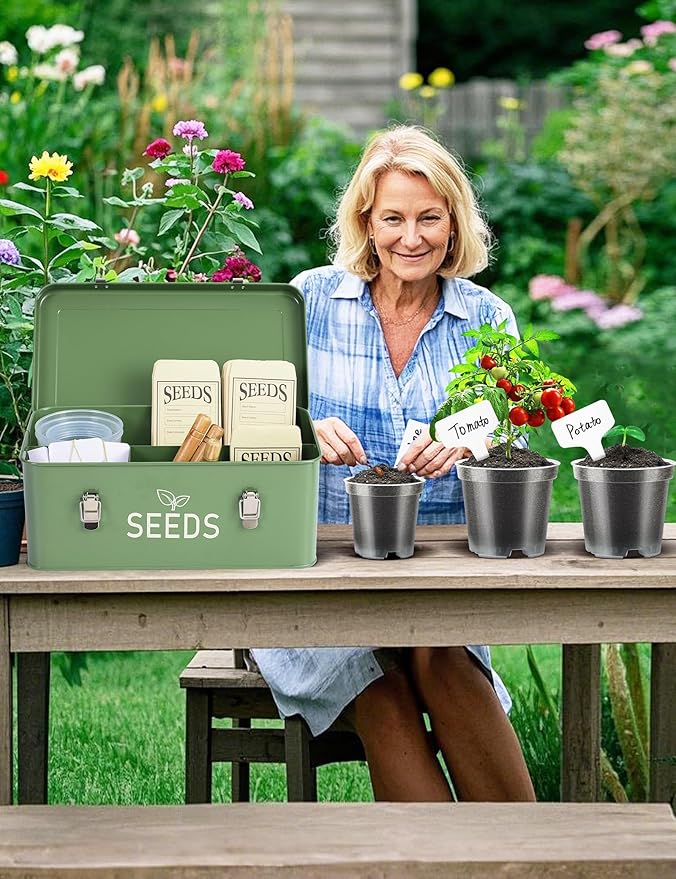 Metal Seed Storage Organizer, Seed Storage Box with Safety Locks, Compartments Box with 3 Clear Plant Nursery Pots, 40 Plant Labels, 30 Seed Envelopes, 1 Marker Pen
