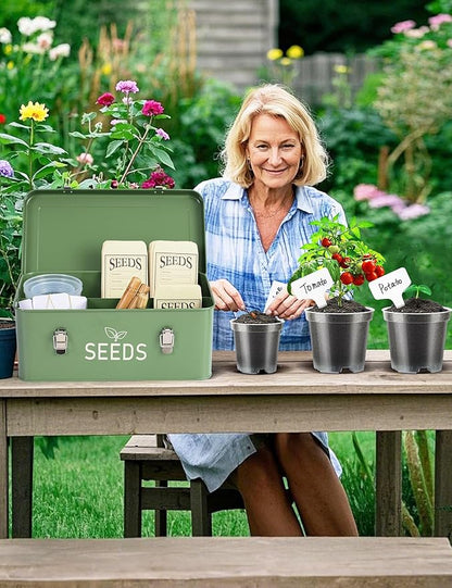 Metal Seed Storage Organizer, Seed Storage Box with Safety Locks, Compartments Box with 3 Clear Plant Nursery Pots, 40 Plant Labels, 30 Seed Envelopes, 1 Marker Pen