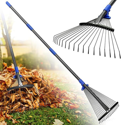 Rake for Leaves: Adjustable Metal Leaf Rake for Lawn, 8-17" Expandable Head,75” Long Handle,Collapsible Heavy Duty Women Kids Garden Rakes for Yard Pine Needles Mulch Grass Debris Gardening Camping