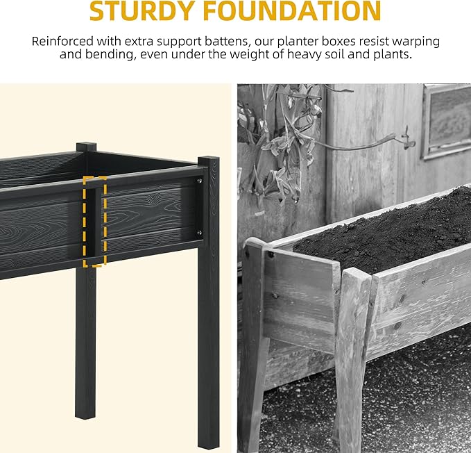 DWVO Raised Garden Bed HDPE with Legs Poly-Wood All-Weather Elevated Planter Box Outdoor with Drainage System Patio Planters for Herbs Vegetables Flowers Plant Bed for Garden Balcony, Black