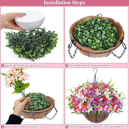 Faux Hanging Plants Flowers Basket Hyacinth & Boston Ferns for Outdoor Outside Spring Summer Decoration, UV Resistant Colorful Fake Silk Flower Hanging Planter for Porch Home Patio Balcony Yard Decor