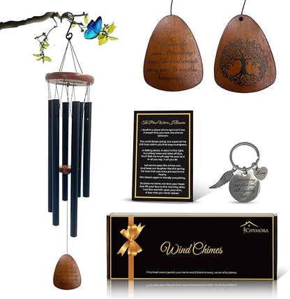 Wind Chimes for Outside clearence - Aluminum Pipes & Pine Wood Windchimes Outdoors, Sympathy Gifts for Loss of Loved One - Includes Letter from Heaven & Keepsake Keychain, Porch Decor - Black