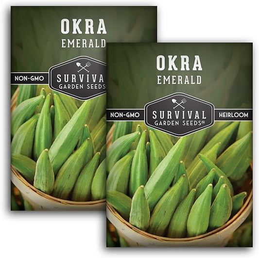 Survival Garden Seeds - Emerald Okra Seed for Planting - Packet with Instructions to Plant and Grow Tender and Large Okra in Your Home Vegetable Garden - Non-GMO Heirloom Variety - 2 Pack