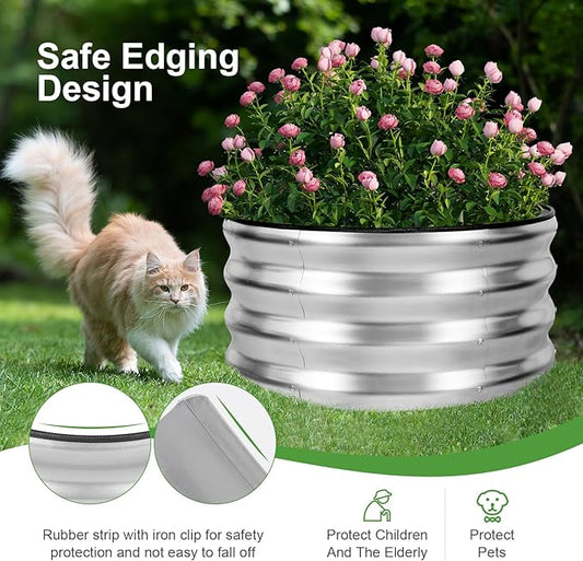Galvanized Raised Garden Bed- 2Pcs Metal Planter Boxes Outdoor | 12" Tall 24" Round Steel Raised Bed Kit & Fire Pit Ring for Gardening with Protective Tape for Vegetables, Flower (Sliver)