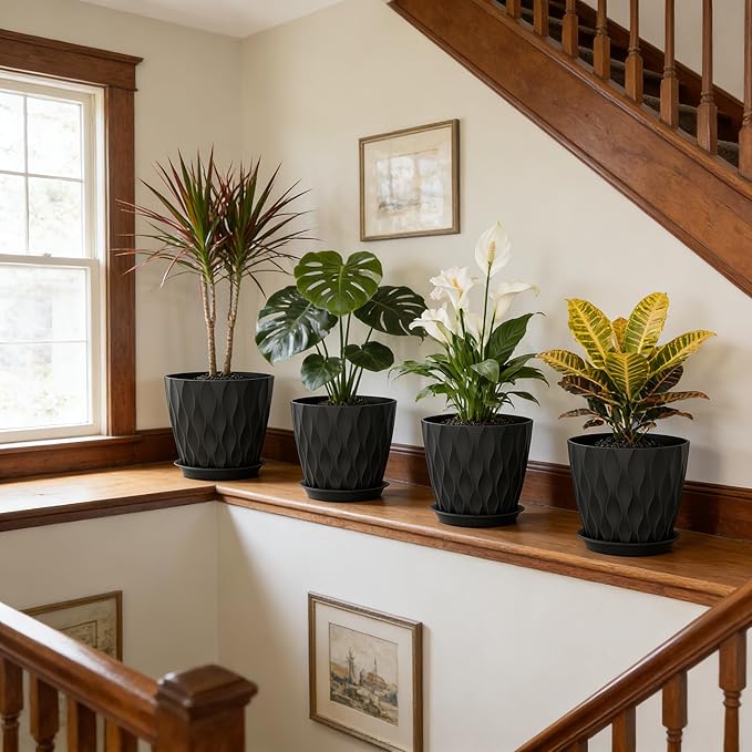 8 Inch Plant Pots, 4 Pack Plastic Planters for Indoor Outdoor with Drainage Holes & Saucers, Waffle Texture Flower Pots for Indoor Plants, Indoor Plant Pots for Monstera, Fiddle Leaf Fig, Black