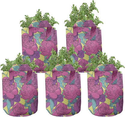Lunarable Colorful Grow Bags 5-Pack, Peony Carnation Blossoms, Heavyduty Fabric Pots with Handles for Plants, Yellow Magenta