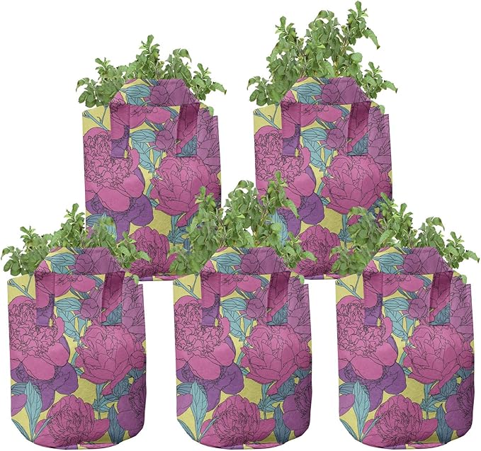 Lunarable Colorful Grow Bags 5-Pack, Peony Carnation Blossoms, Heavyduty Fabric Pots with Handles for Plants, Yellow Magenta