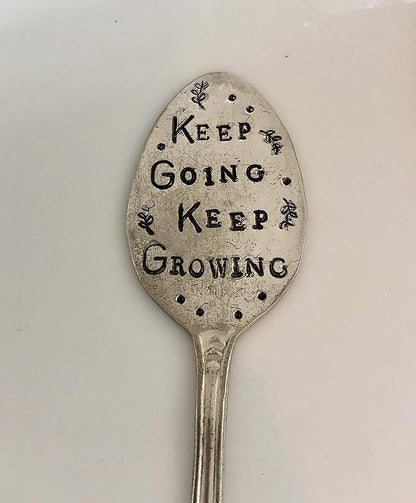 Garden Marker, Keep Going Keep Growing, Silver Plate Stamped Spoon