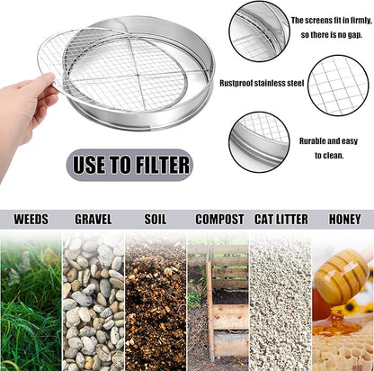 Bonuci 10 Pcs 12 Inch Soil Sieve Stainless Steel Sieve Set Garden Soil Sifter Potting Mix Sifter with 8 Interchangeable Filter Mesh 2, 3, 5, 6, 7, 9, 10, 12 mm and Shovel for Garden Compost(Silver)