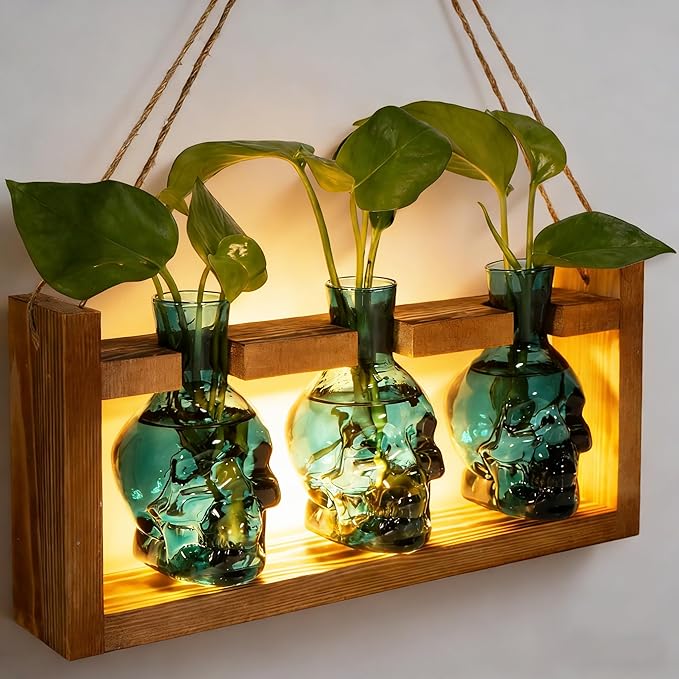Skull Plant Propagation Station with LED Lights - Halloween Decor Skull Planter, Hydroponics Pot for Office, Unique Gifts for Women & Plant Lovers(Grey)