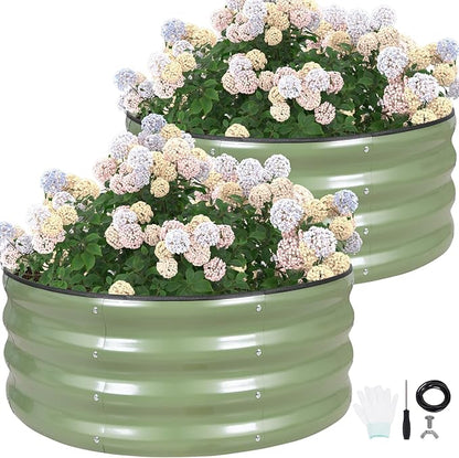 G GOOD GAIN Round Raised Garden Bed - 2Pcs 3x3x1ft Galvanized Steel Planter Boxes Outdoor with Rubber Edge Trim | Metal Raised Beds for Gardening Vegetables Flowers Fruits Herbs (Olive Green)