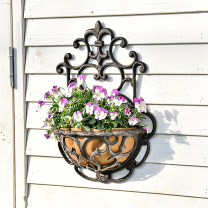 Sungmor 2 Pack Wall Hanging Planter Basket with Fabric Liner, Antique Victoria Style Cast Iron Wall Planter Holder, Outdoor Railing Fence Balcony Metal Hanging Basket Half Round Flower Pots
