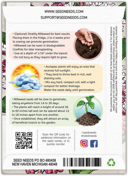 Seed Needs Pink Swamp Milkweed Seeds for Planting - Heirloom & Untreated - Grow a Butterfly Garden to Attract Monarch Butterflies & Pollinators (1 Pack)