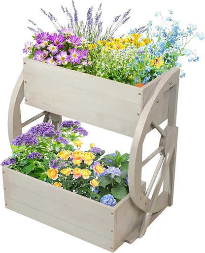 Wooden Wagon Planter Box,2-Tier Flower Pot with Wheels for Indoor & Outdoor,Rustic Garden Decor for Patio/Garden/Balcony,Gray,22.04x22.04x21.65in