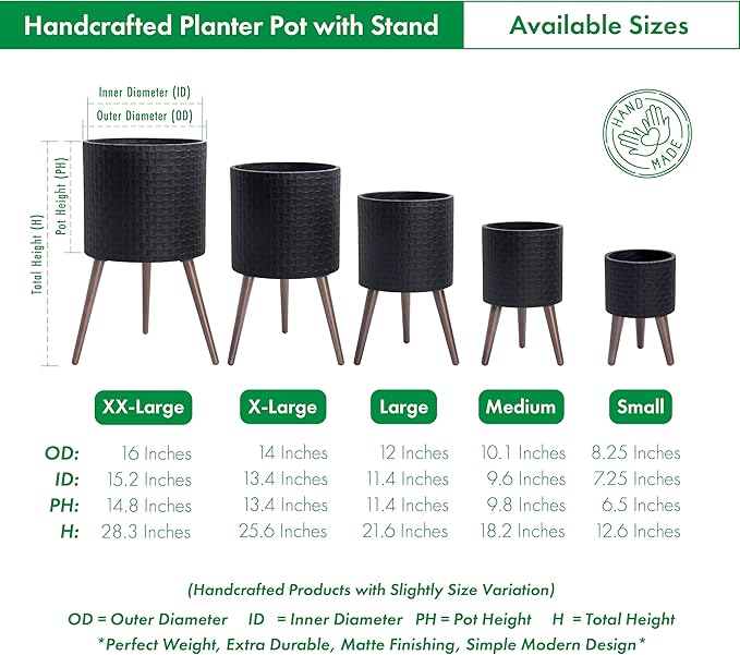D'vine Dev 10 Inch Modern Geometric Tile Patterned Sleek Planter Pot with Stand, Indoor Outdoor Decorative Plant Holder, Matte Black, 88-Z-B-2