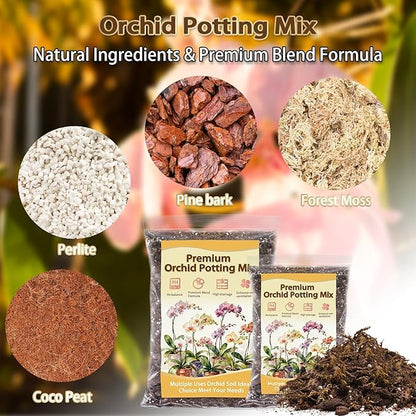 Orchid Potting Mix, Premium Orchid Soil for Repotting with Natural Pine Bark, Perlite, Coco Peat and Moss, Well-Draining Orchid Mix for Indoor Plant, Orchid, Succulents - 2.02QT