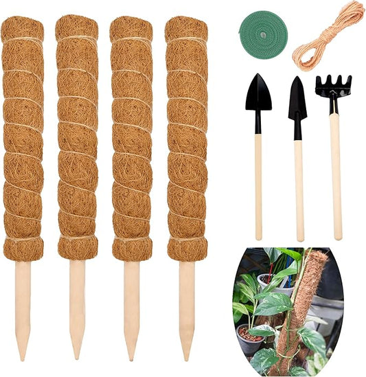 4 Pcs Moss Pole Extending to 51.1 Inches for Plants Monstera, Coco Coir Moss Sticks for Indoor Plants Support Stakes for Climbing Plants Grow Upward with Jute Rope, Tool Set and Hook-Loop Strip