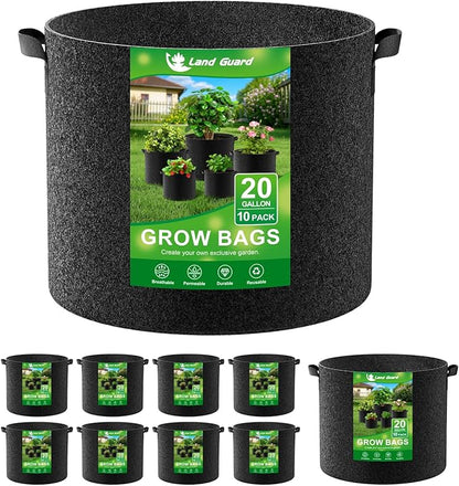 Land Guard 10-Pack Fabric Grow Bags 20 Gallon, Thickened Nonwoven Garden Pots, Growing Bags with Handles, Black