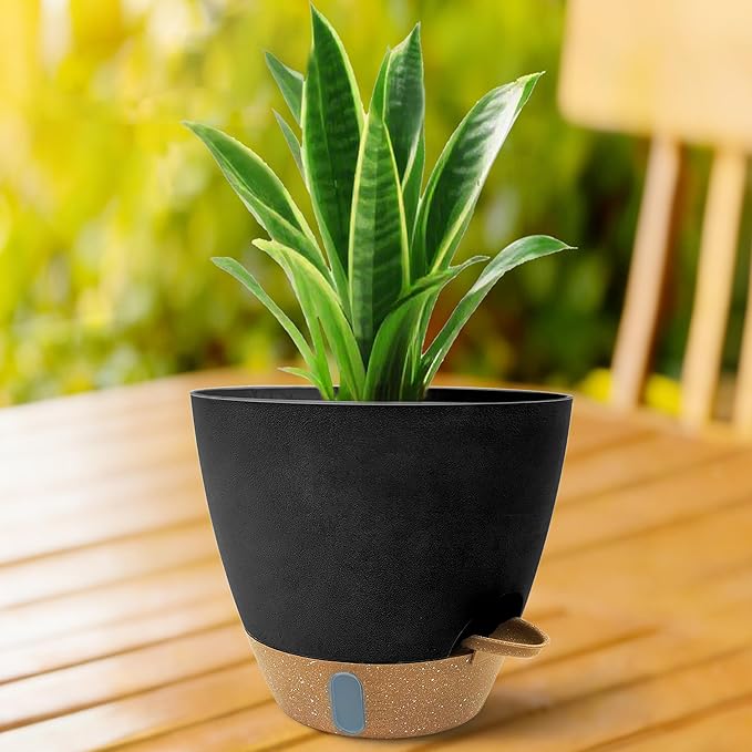 MNKXL 12"/10"/9"/8" Self Watering Pots with Visual Water Window,Extra Large Self Watering Plant Pots with Drainage Holes & Saucers,Black Planters for Indoor Plants,4-Pack