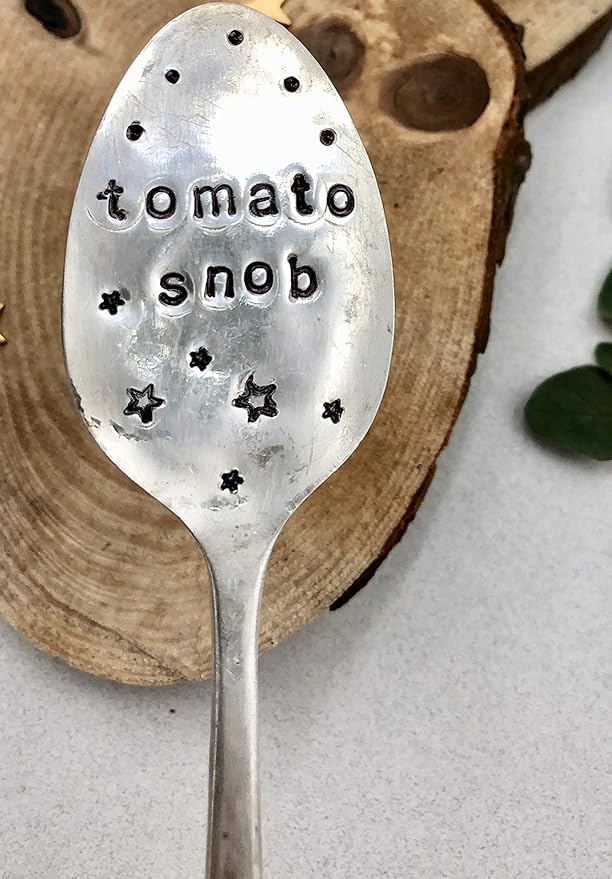 Tomato SNOB Garden Marker Stake Hand Stamped with Stars and Dots Recycled Spoon