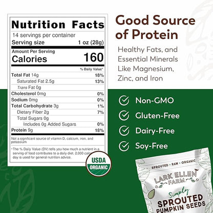Lark Ellen Farm Sprouted Organic Pumpkin Seeds – Raw, Unsalted, Air-Dried Pepitas for Snacking, Salads, Trail Mix – USDA Organic, Non-GMO, Vegan, Gluten-Free, Resealable Bag (14 oz, 6-Pack)