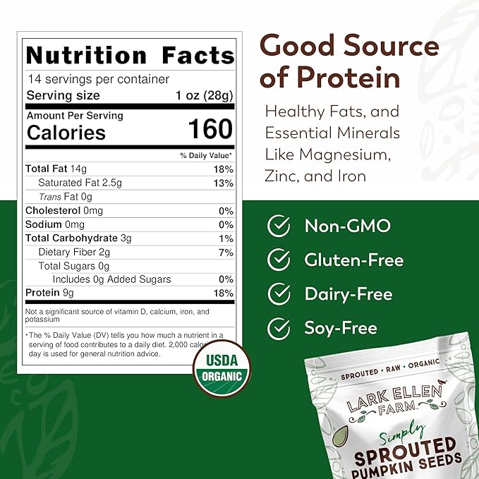 Lark Ellen Farm Sprouted Organic Pumpkin Seeds – Raw, Unsalted, Air-Dried Pepitas for Snacking, Salads, Trail Mix – USDA Organic, Non-GMO, Vegan, Gluten-Free, Resealable Bag (14 oz, 1 Pack)