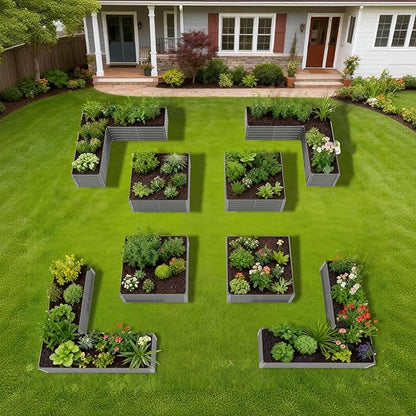 A ANLEOLIFE 8-Piece 18 Inch Tall Quartz Grey Raised Garden Beds Kit, L-Shaped & Square Metal Planters –Ideal for Structured Backyard Layouts.