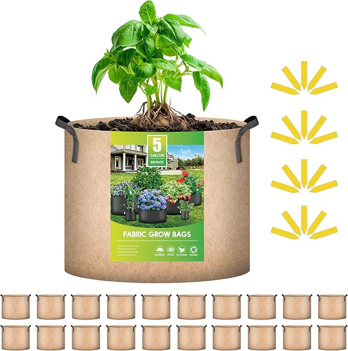 iPower 20-Pack 5 Gallon Grow Bags 300G Thick Nonwoven Aeration Fabric Pots Heavy Duty Plant Containers with Handles for Garden Planting, Tan