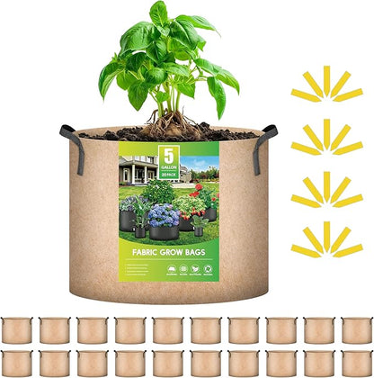 iPower 20-Pack 5 Gallon Grow Bags 300G Thick Nonwoven Aeration Fabric Pots Heavy Duty Plant Containers with Handles for Garden Planting, Tan