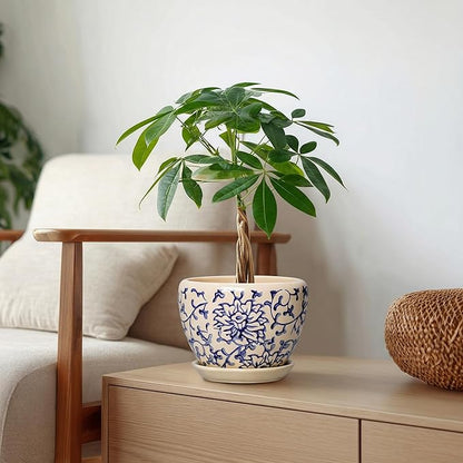 6 Inch Plant Pot - Ceramic Planters for Succulent Snake Plants, Round Pots for Plants with Drainage Hole and Saucer, Indoor Flower Pots, Living Room Decor, Gardening Gifts, Retro Blue
