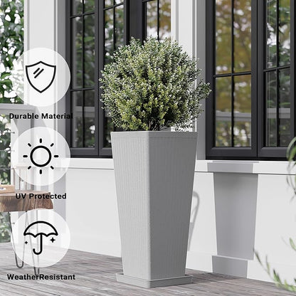 Tall Planters for Outdoor Plants Set of 2, 23.6" Large Taper Flower Plant Pots with Drainage Hole and Drainage Trays, Weather-Resistant Plastic planters for Patio, Porch, Garden, Grey