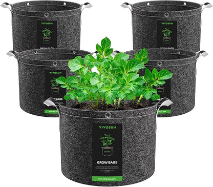 VIVOSUN 5-Pack 25 Gallon Grow Bags, 500G Thick Nonwoven Fabric Pots with Strap Handles, Multi-Purpose Rings, for Low Stress Plant Training Fruits, Vegetables, and Flowers