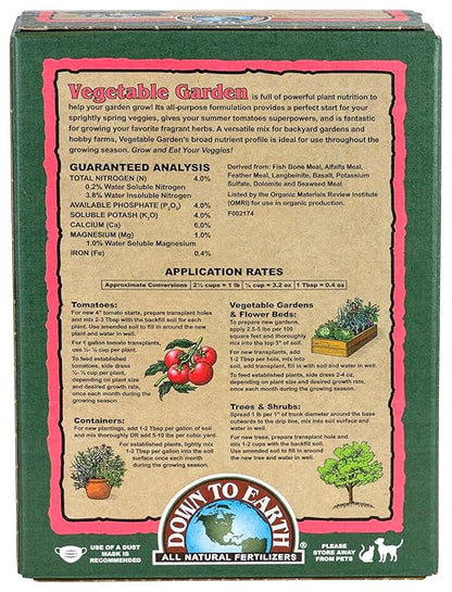 Down To Earth All Natural Fertilizers Organic Vegetable Garden - Plant Food for Vegetables, Herbs, Greens and Raised Beds 4-4-4, 5 lb