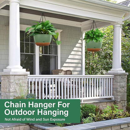 Hanging Planters for Indoor Plants, 2 Pack 10 Inch Self Watering Hanging Pots for Plants with Drainage Holes, Indoor Outdoor Hanging Flower Pots for Home Garden Ceiling Decor (Green)