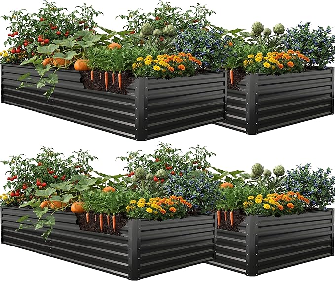 YITAHOME 8x4x2 ft 4pcs Galvanized Raised Garden Bed Kit, Large Metal Planter Box with Gloves, Safety Rubber & Support Rod, Outdoor Flower Bed for Plants Vegetables, Black