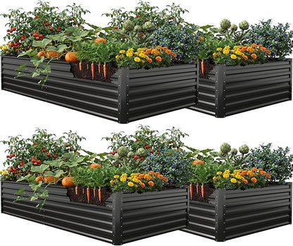 YITAHOME 8x4x2 ft 4pcs Galvanized Raised Garden Bed Kit, Large Metal Planter Box with Gloves, Safety Rubber & Support Rod, Outdoor Flower Bed for Plants Vegetables, Black